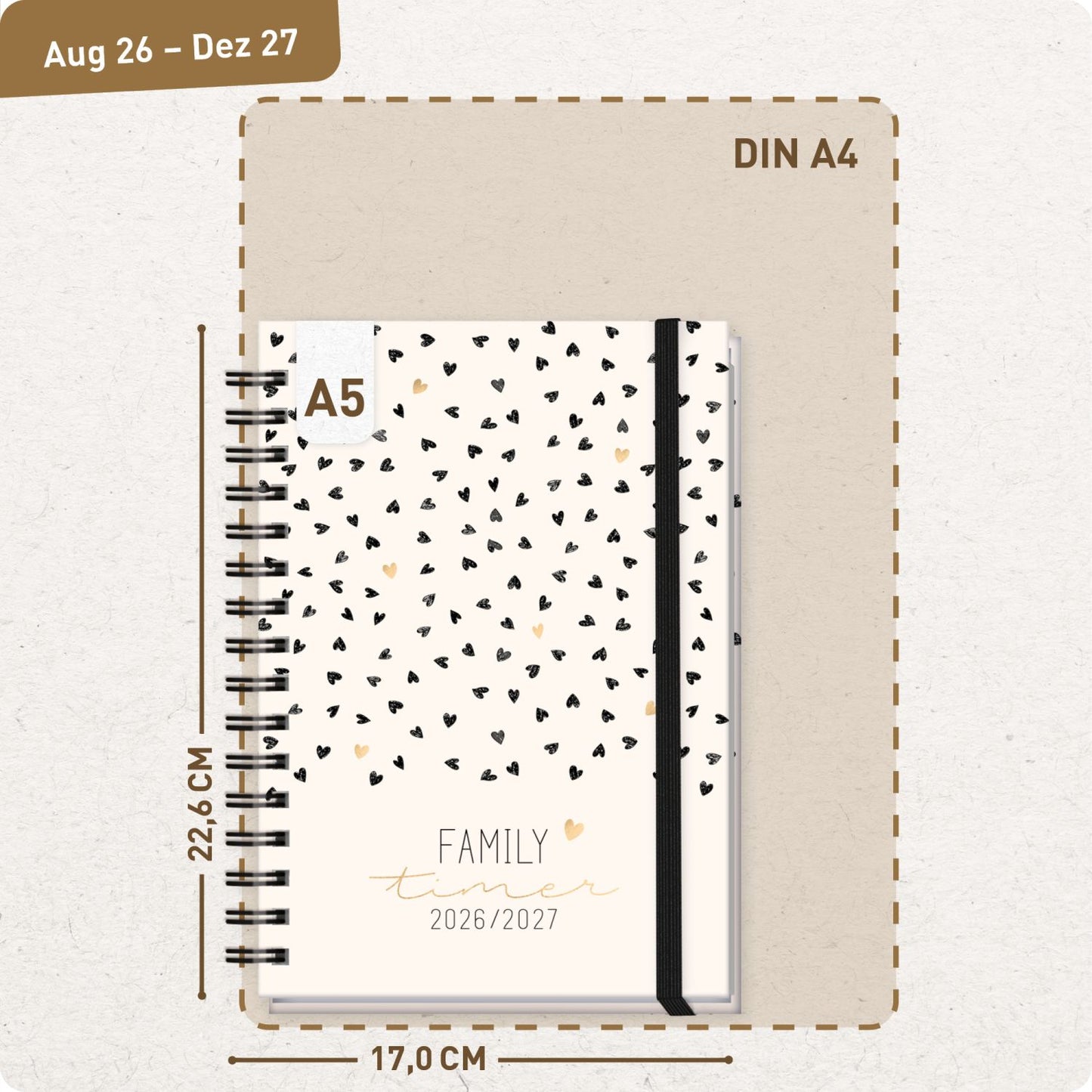 Family-Timer 2026/2027 / 17 Monate / A5 / Golden Hearts / Häfft-Verlag
