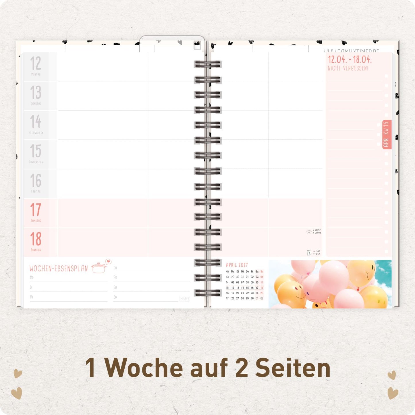 Family-Timer 2026/2027 / 17 Monate / A5 / Golden Hearts / Häfft-Verlag