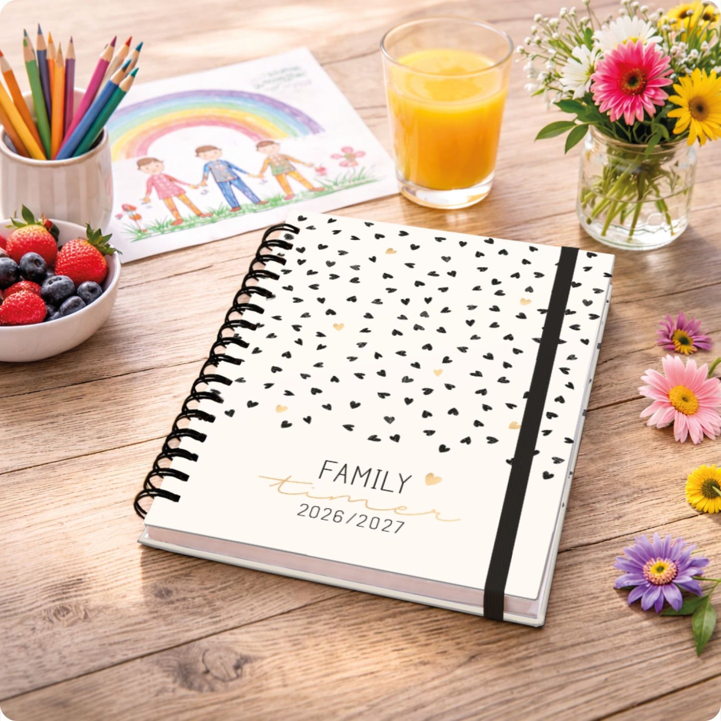 Family-Timer 2026/2027 / 17 Monate / A5 / Golden Hearts / Häfft-Verlag