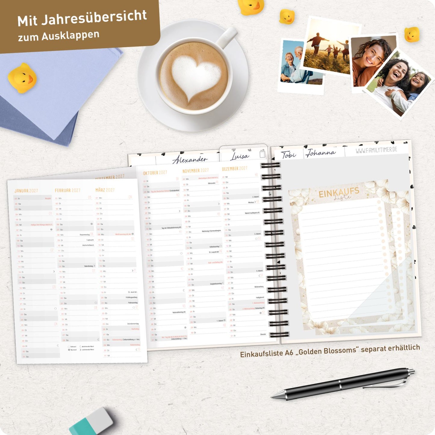 Family-Timer 2026/2027 / 17 Monate / A5 / Golden Hearts / Häfft-Verlag