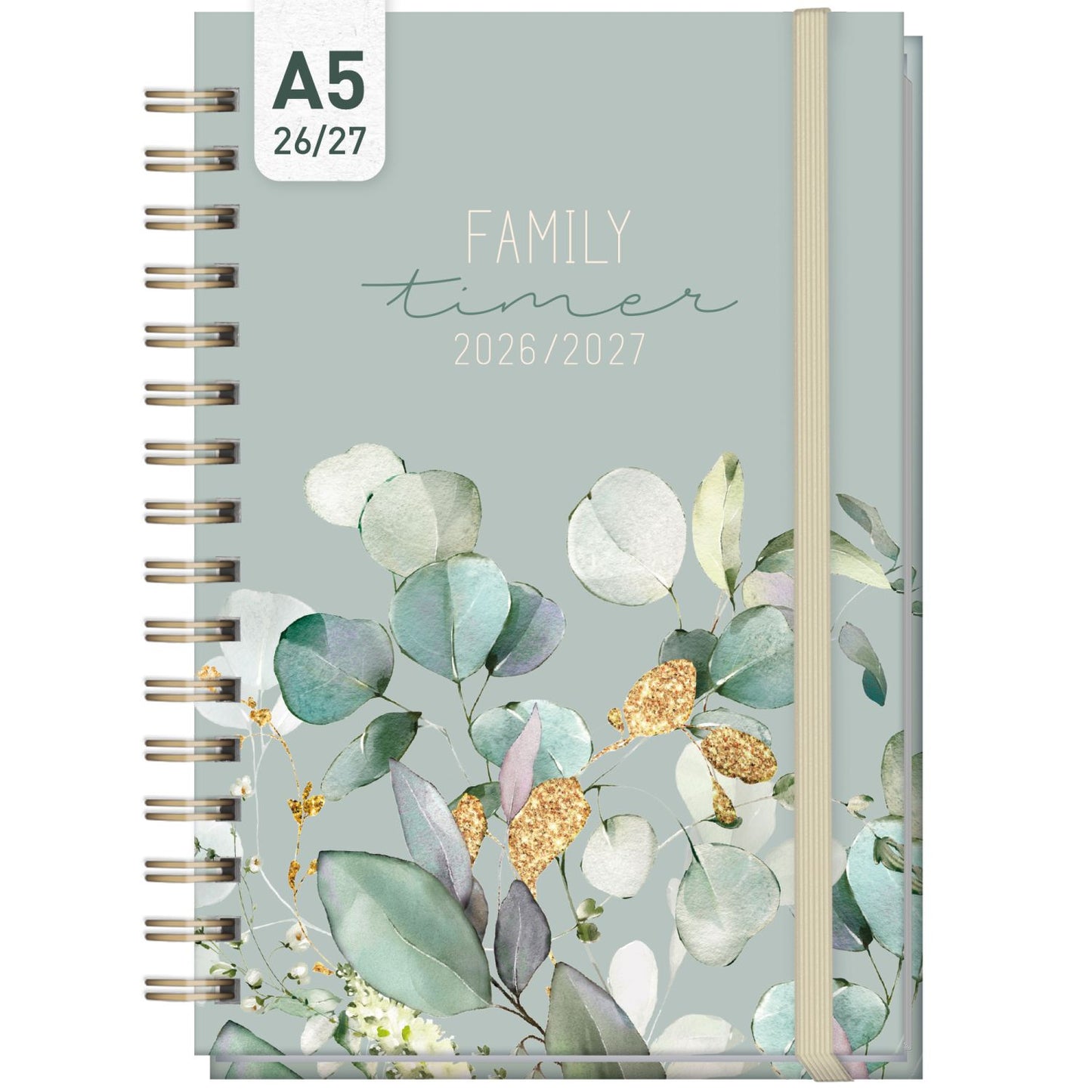 Family-Timer 2026/2027 / 17 Monate / A5 / Minty Leaves / Häfft-Verlag