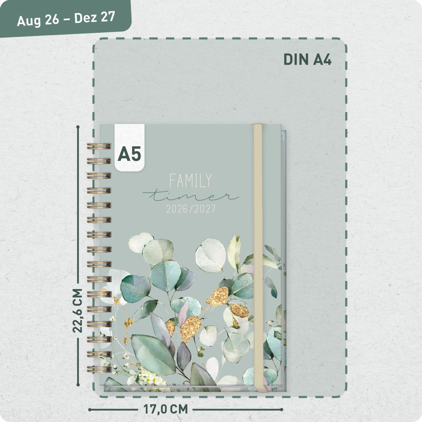 Family-Timer 2026/2027 / 17 Monate / A5 / Minty Leaves / Häfft-Verlag