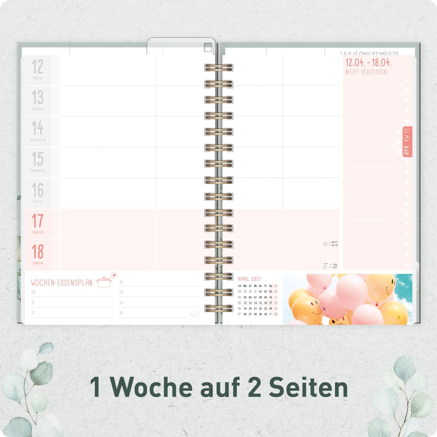 Family-Timer 2026/2027 / 17 Monate / A5 / Minty Leaves / Häfft-Verlag