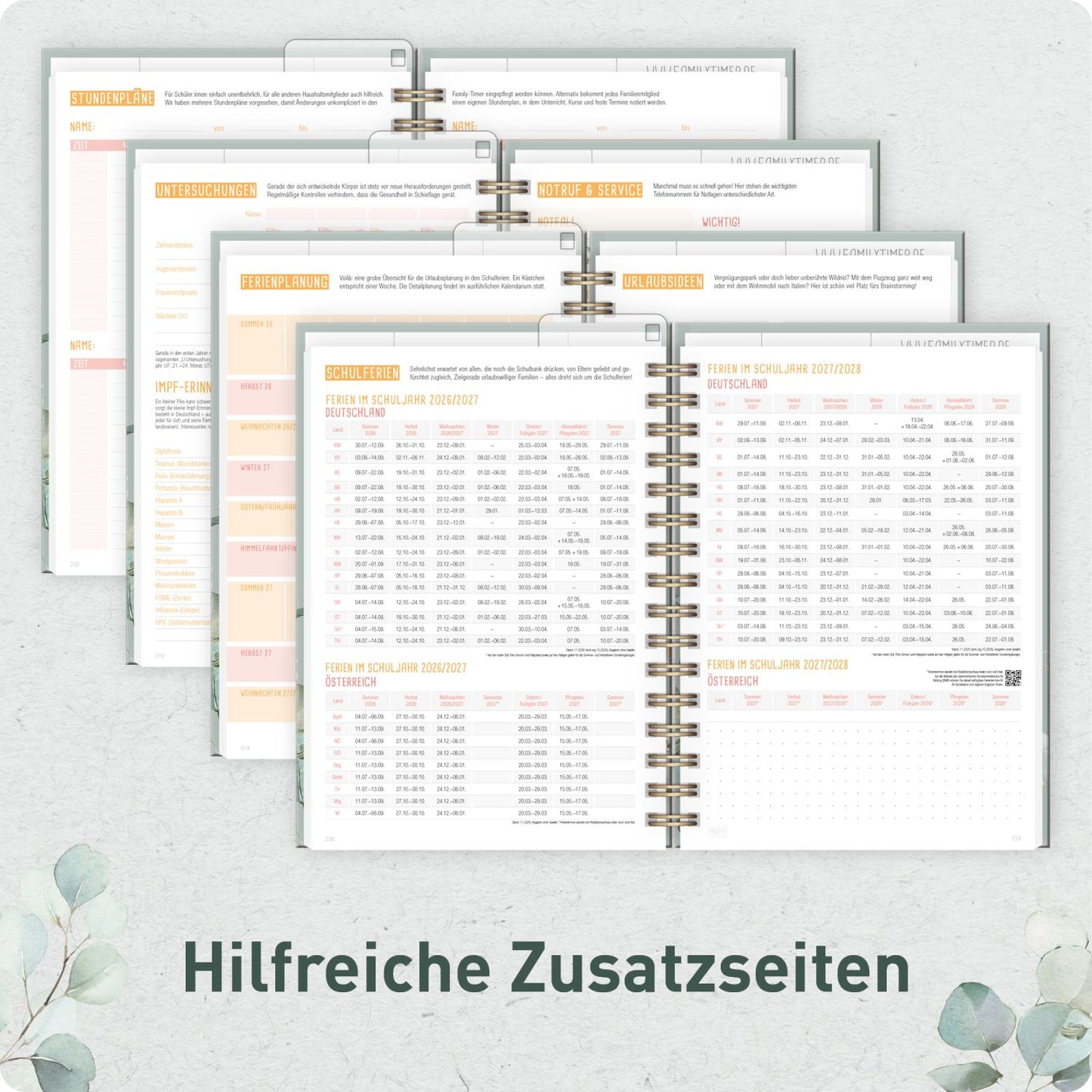 Family-Timer 2026/2027 / 17 Monate / A5 / Minty Leaves / Häfft-Verlag