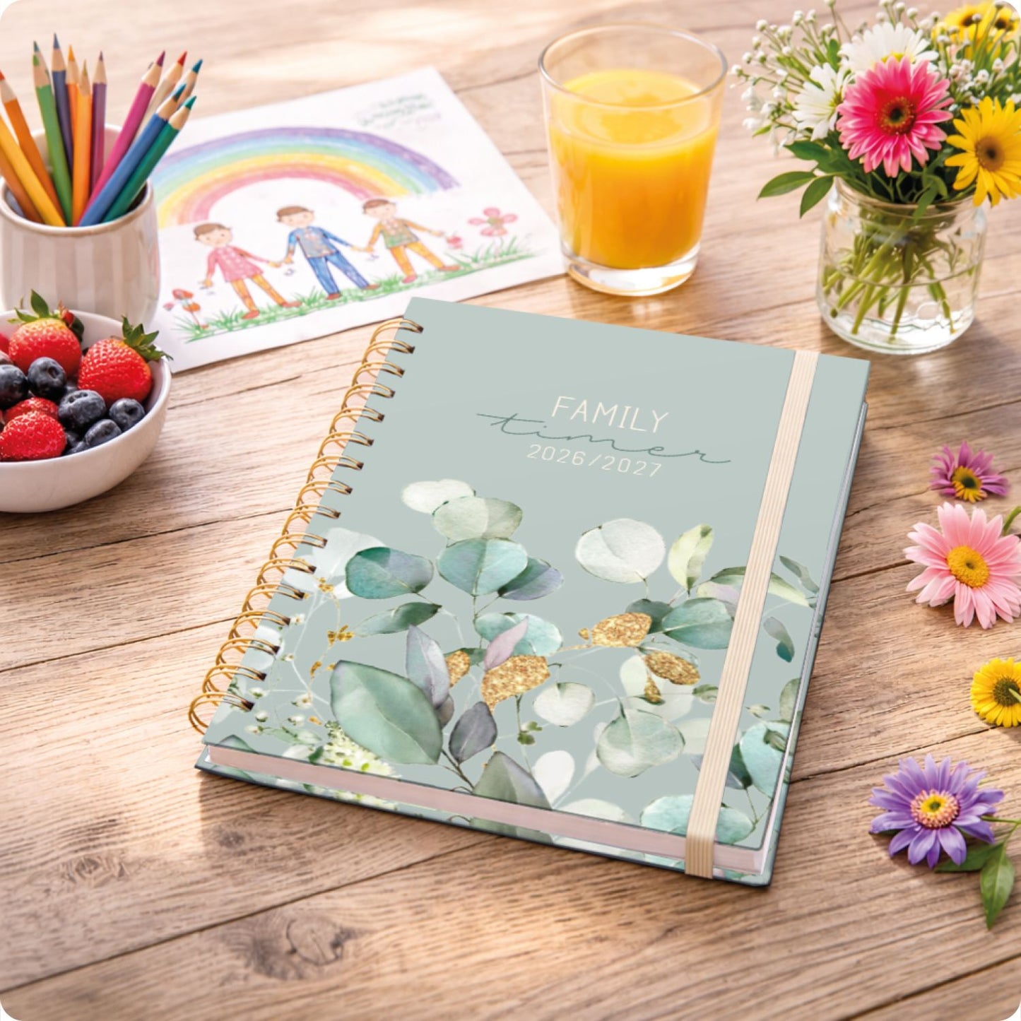 Family-Timer 2026/2027 / 17 Monate / A5 / Minty Leaves / Häfft-Verlag