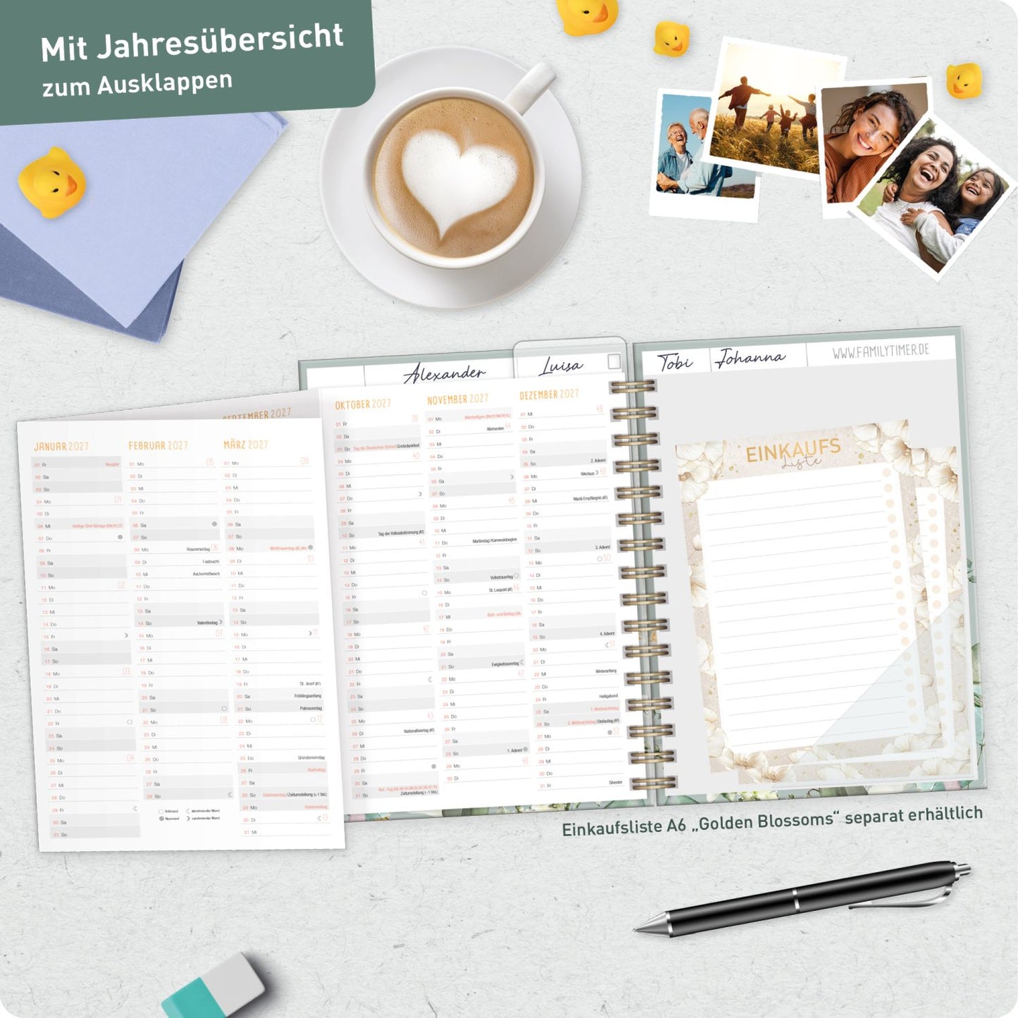 Family-Timer 2026/2027 / 17 Monate / A5 / Minty Leaves / Häfft-Verlag