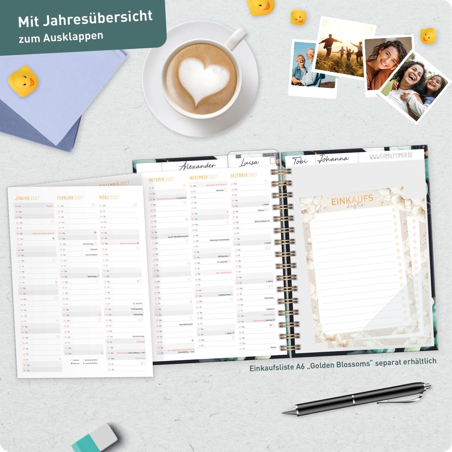 Family-Timer 2026/2027 / 17 Monate / A5 / Mondscheinblüten / Häfft-Verlag