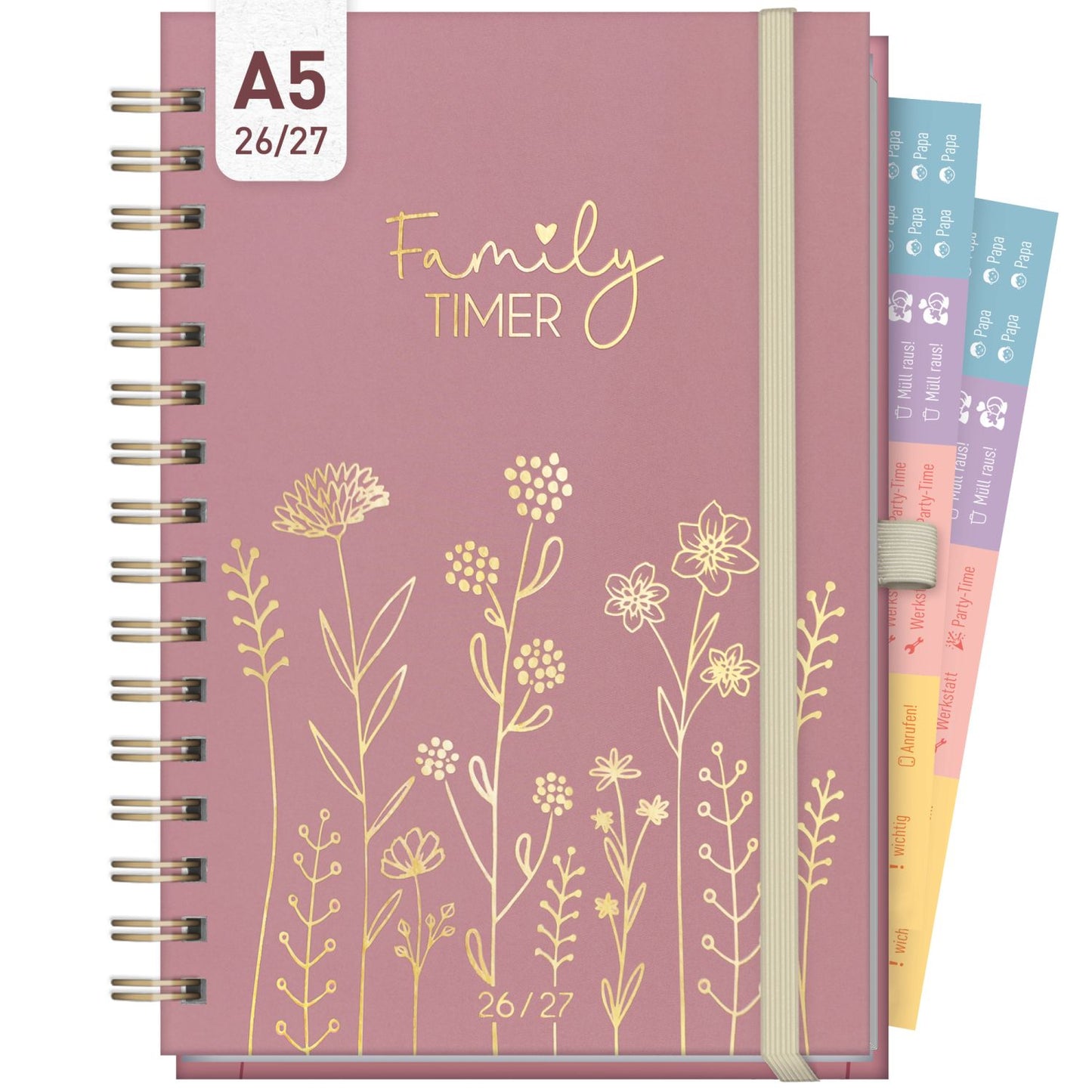 Family-Timer Deluxe 2026/2027 / 17 Monate / A5 / Fine Flowers rosé / Häfft-Verlag