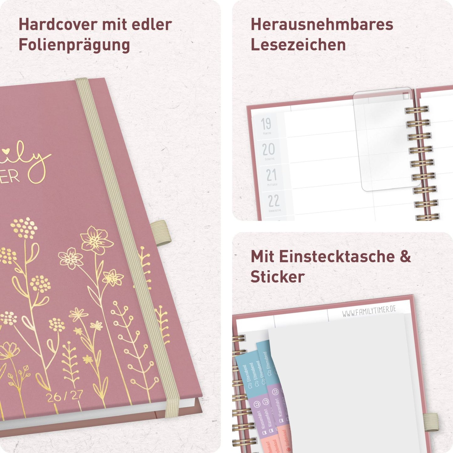 Family-Timer Deluxe 2026/2027 / 17 Monate / A5 / Fine Flowers rosé / Häfft-Verlag