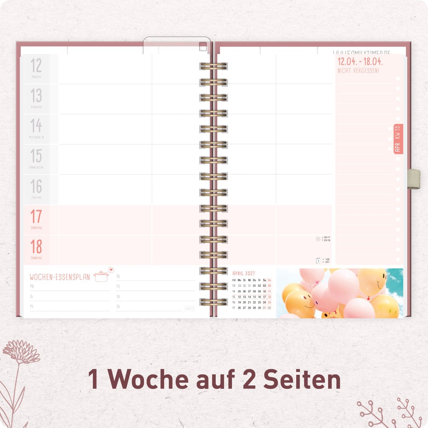 Family-Timer Deluxe 2026/2027 / 17 Monate / A5 / Fine Flowers rosé / Häfft-Verlag