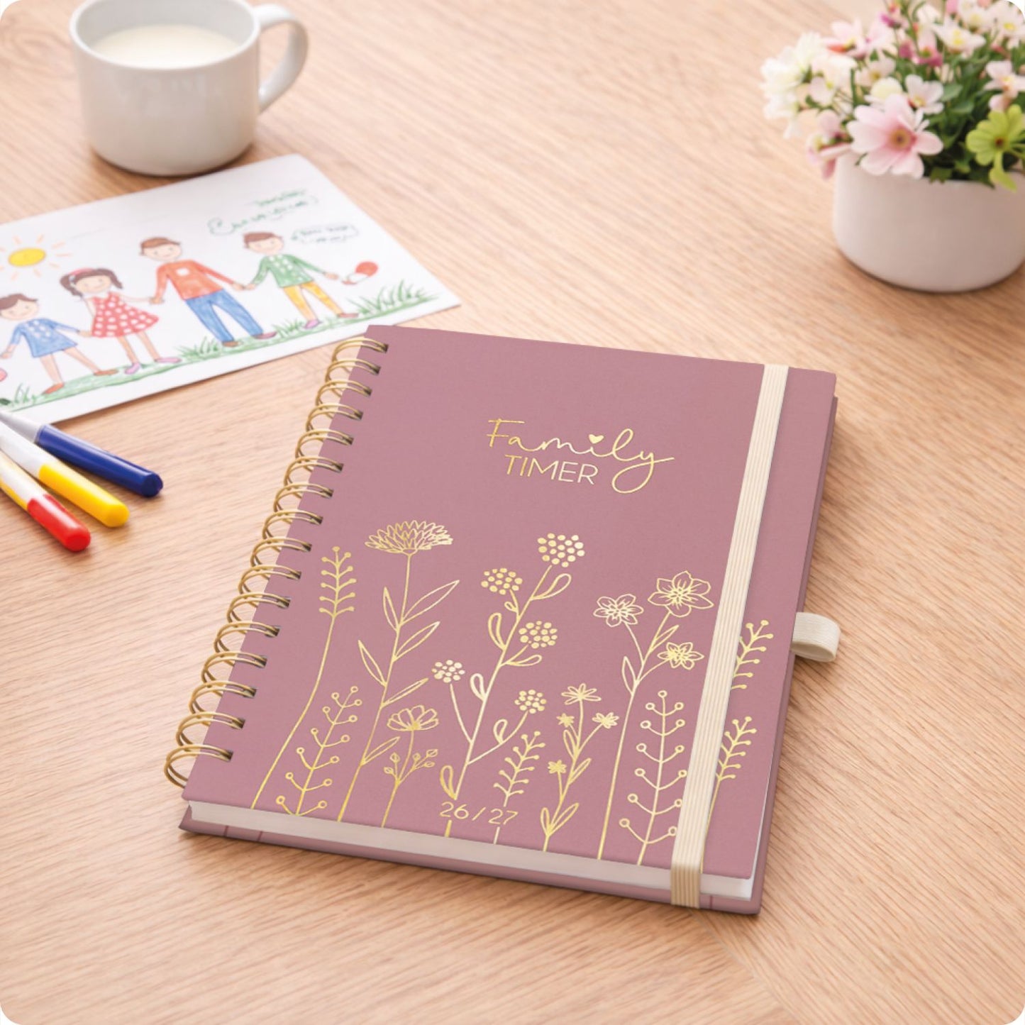 Family-Timer Deluxe 2026/2027 / 17 Monate / A5 / Fine Flowers rosé / Häfft-Verlag