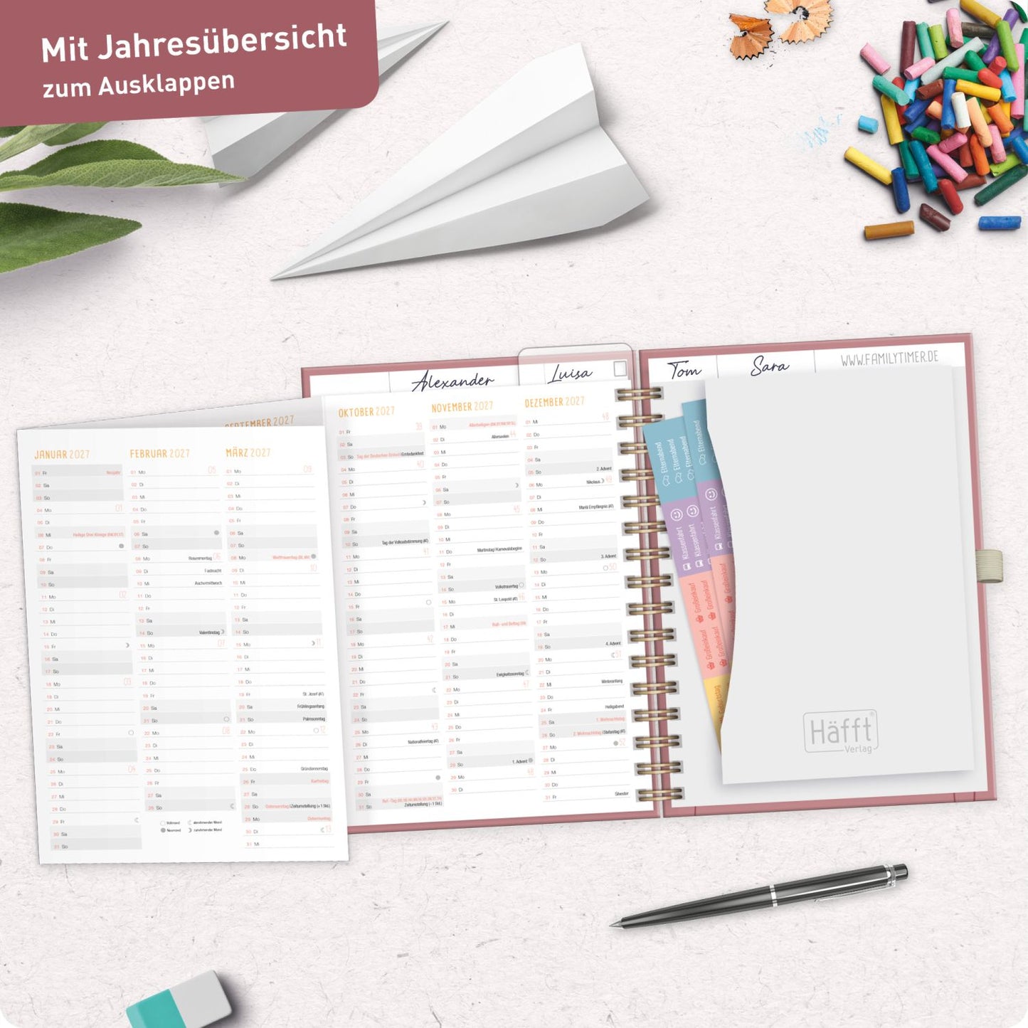Family-Timer Deluxe 2026/2027 / 17 Monate / A5 / Fine Flowers rosé / Häfft-Verlag
