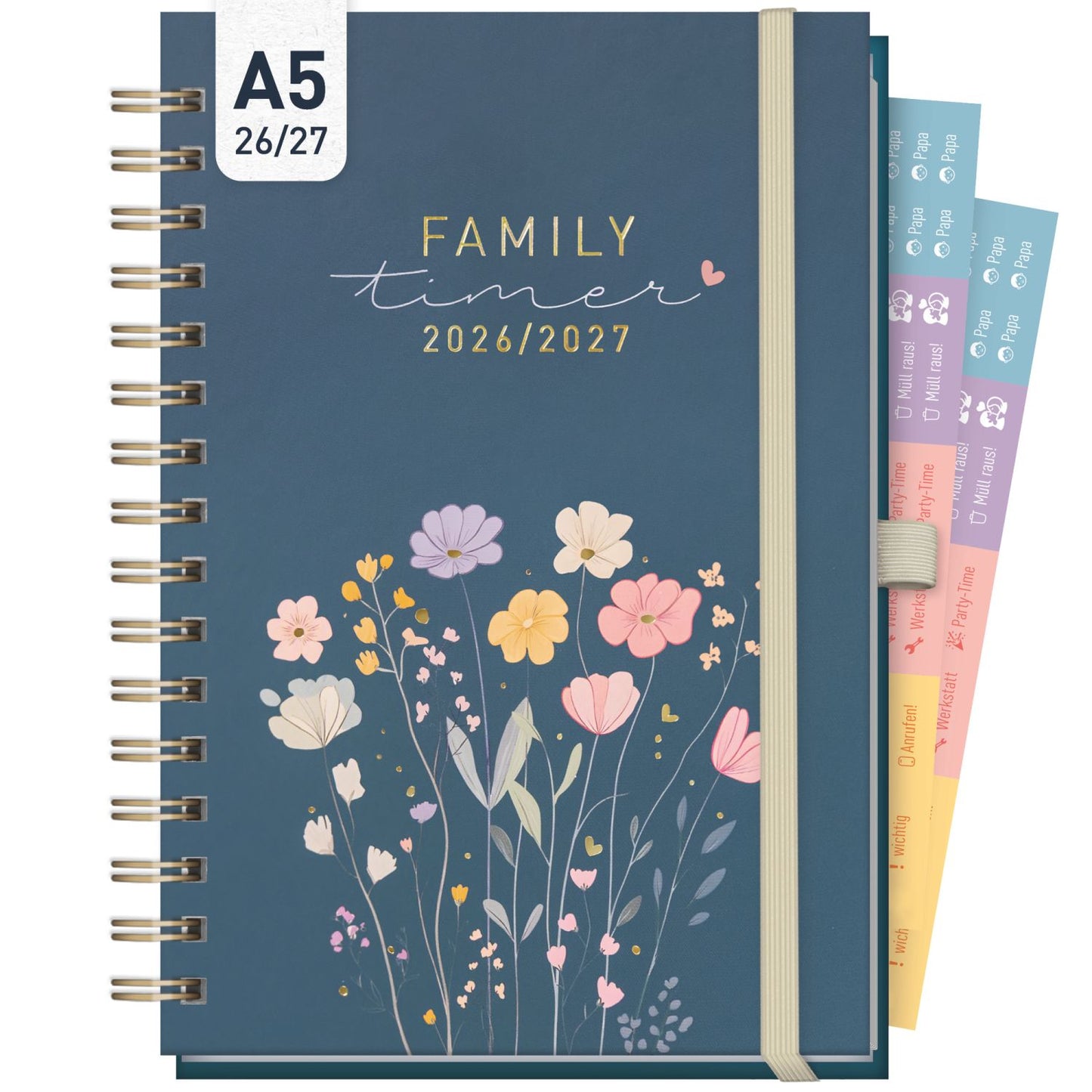 Family-Timer Deluxe 2026/2027 / 17 Monate / A5 / Flower Joy blue / Häfft-Verlag