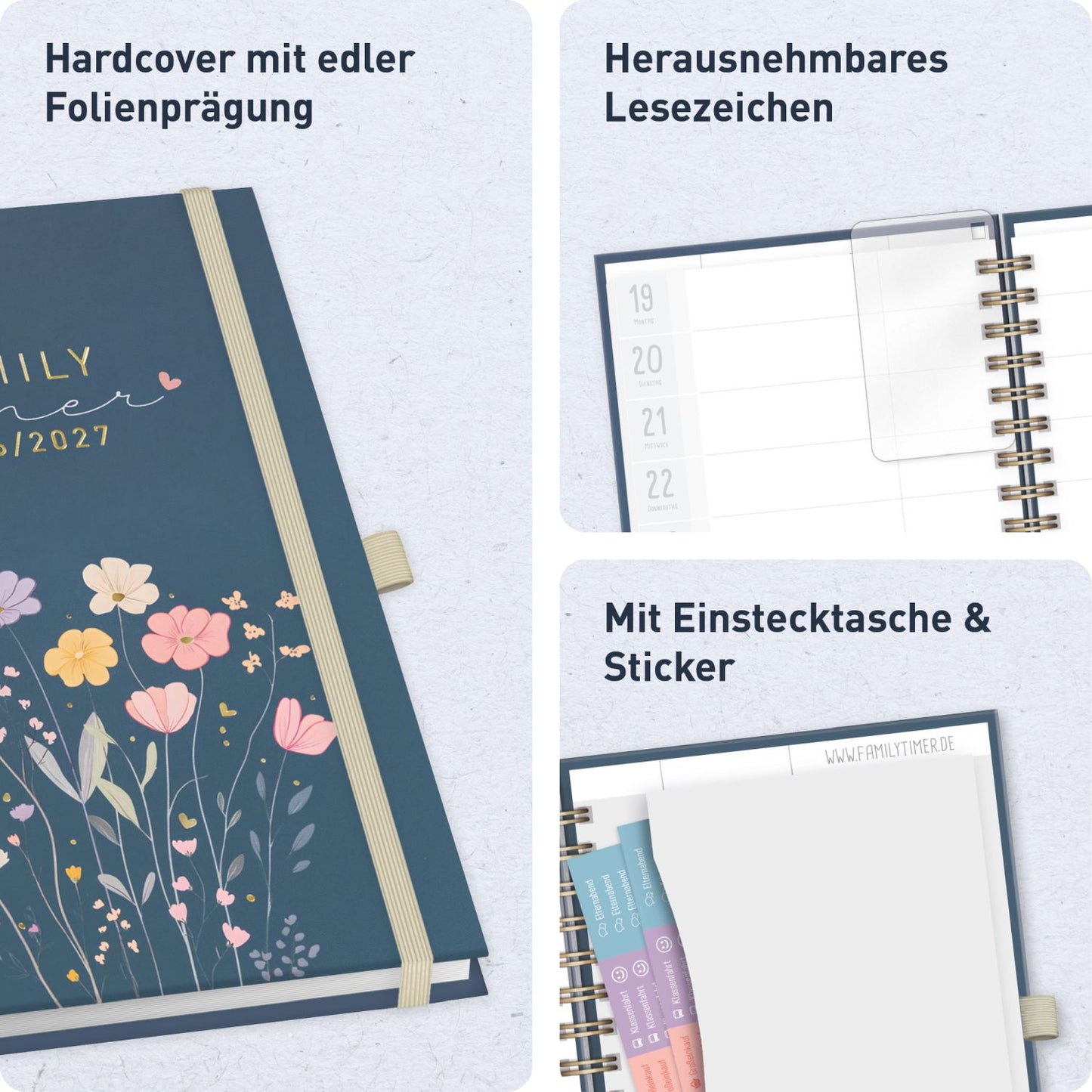 Family-Timer Deluxe 2026/2027 / 17 Monate / A5 / Flower Joy blue / Häfft-Verlag