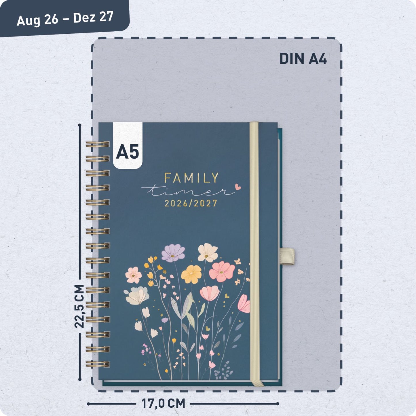 Family-Timer Deluxe 2026/2027 / 17 Monate / A5 / Flower Joy blue / Häfft-Verlag