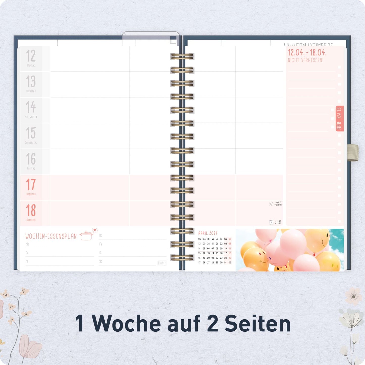 Family-Timer Deluxe 2026/2027 / 17 Monate / A5 / Flower Joy blue / Häfft-Verlag