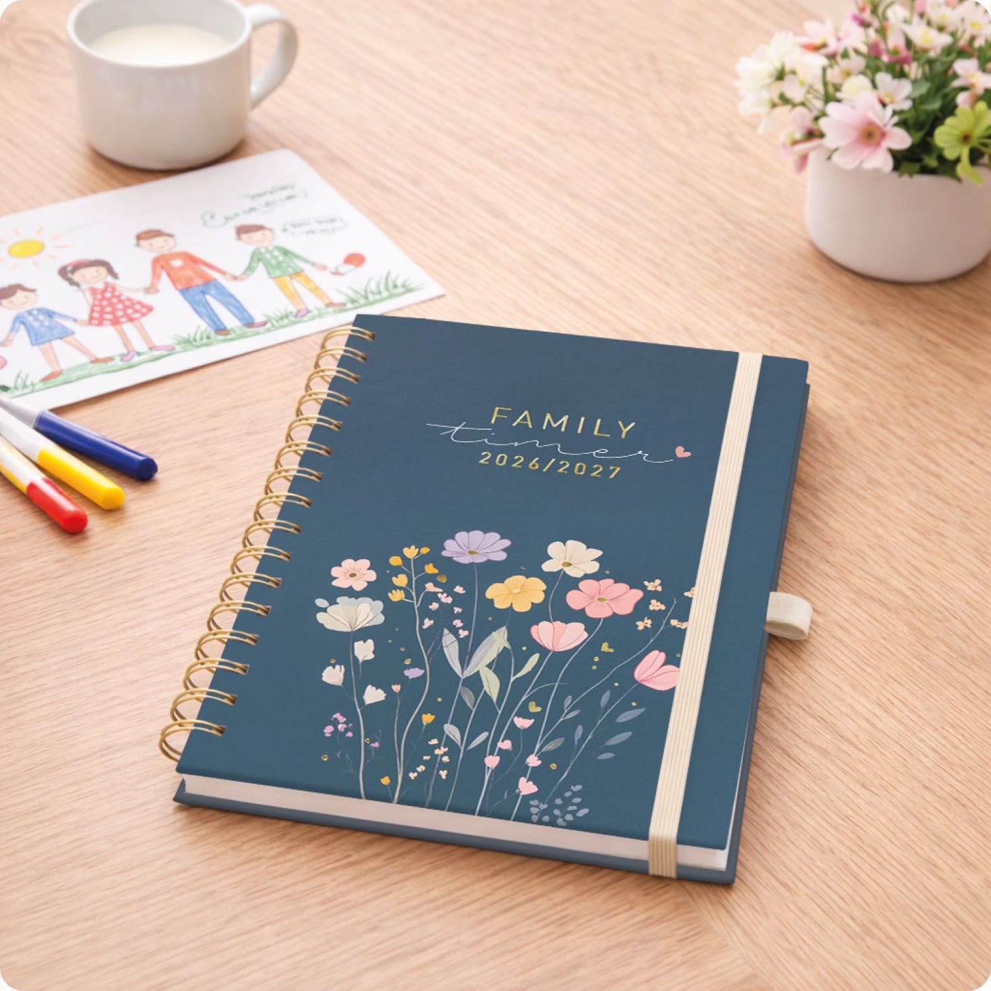 Family-Timer Deluxe 2026/2027 / 17 Monate / A5 / Flower Joy blue / Häfft-Verlag