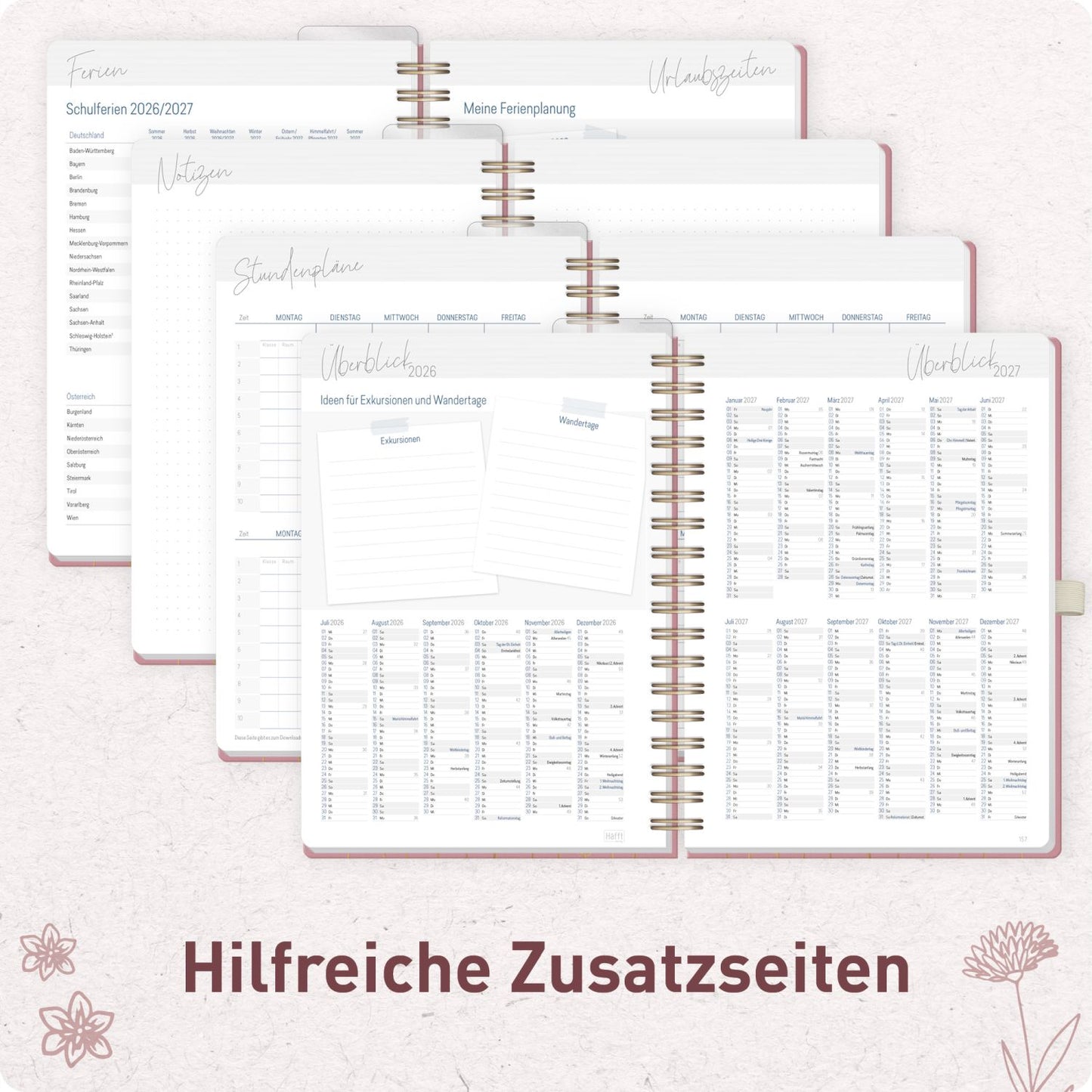 Häfft Lehrer-Planer Deluxe KL 2026/2027 / A5+ / Fine Flowers Rosé