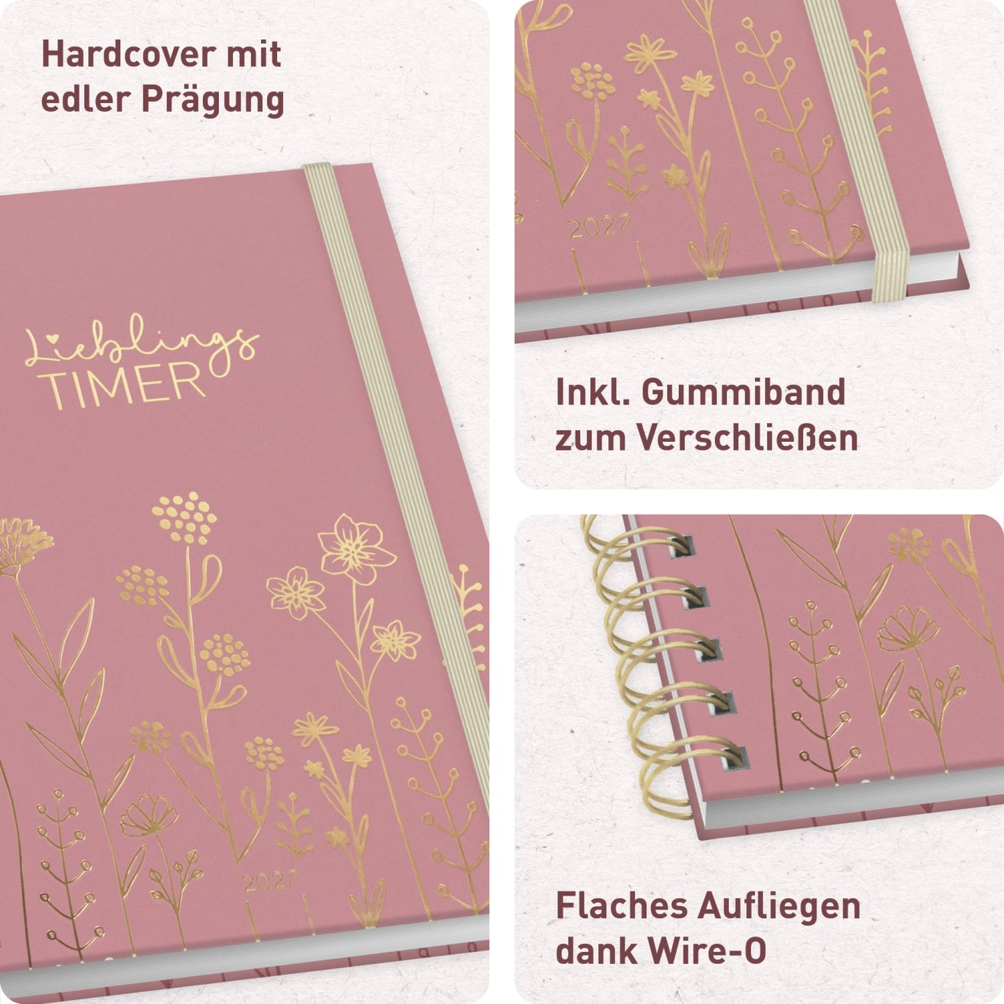 Lieblings-Timer 2026/2027 / 17 Monate / A5 / Fine Flowers rosé / Häfft-Verlag