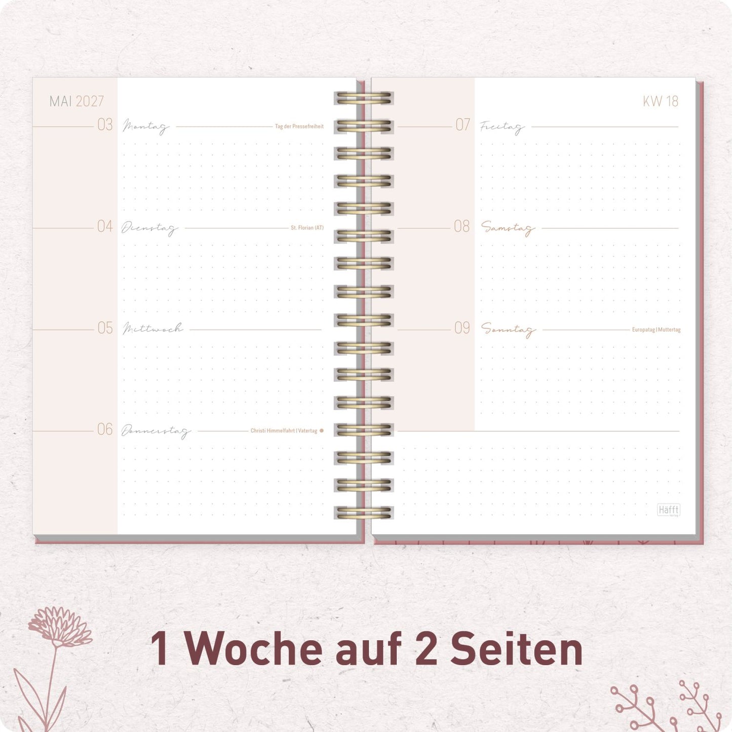 Lieblings-Timer 2026/2027 / 17 Monate / A5 / Fine Flowers rosé / Häfft-Verlag