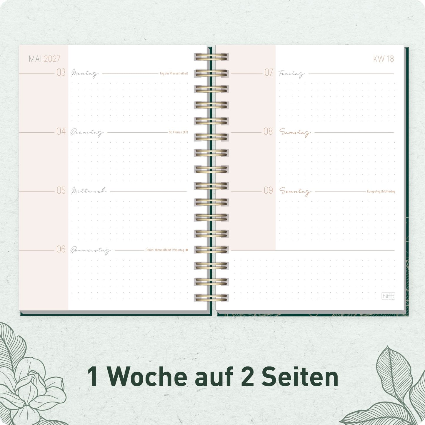 Lieblings-Timer 2026/2027 / 17 Monate / A5 / Golden Leaves / Häfft-Verlag