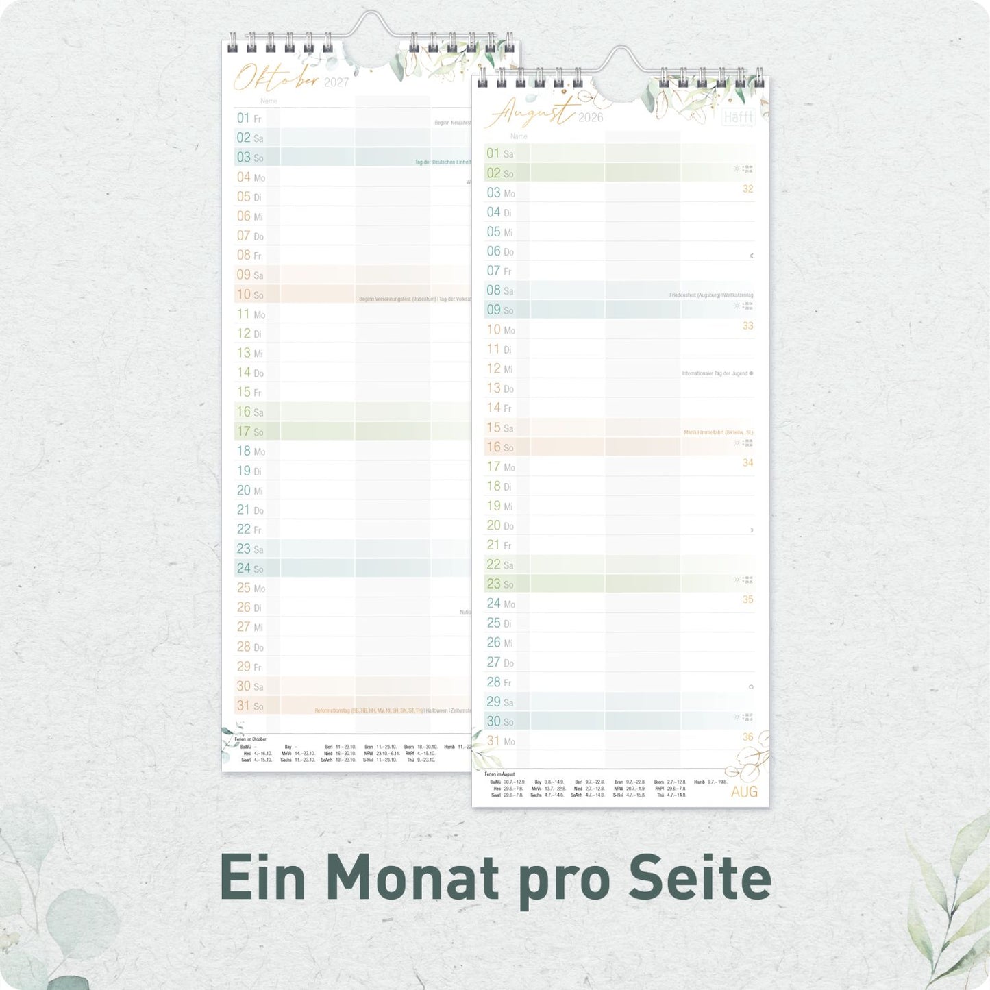 Planer für Zwei / Wand-Kalender 3-spaltig / 2026/2027 / 17 Monate / Blattgold /  Häfft-Verlag