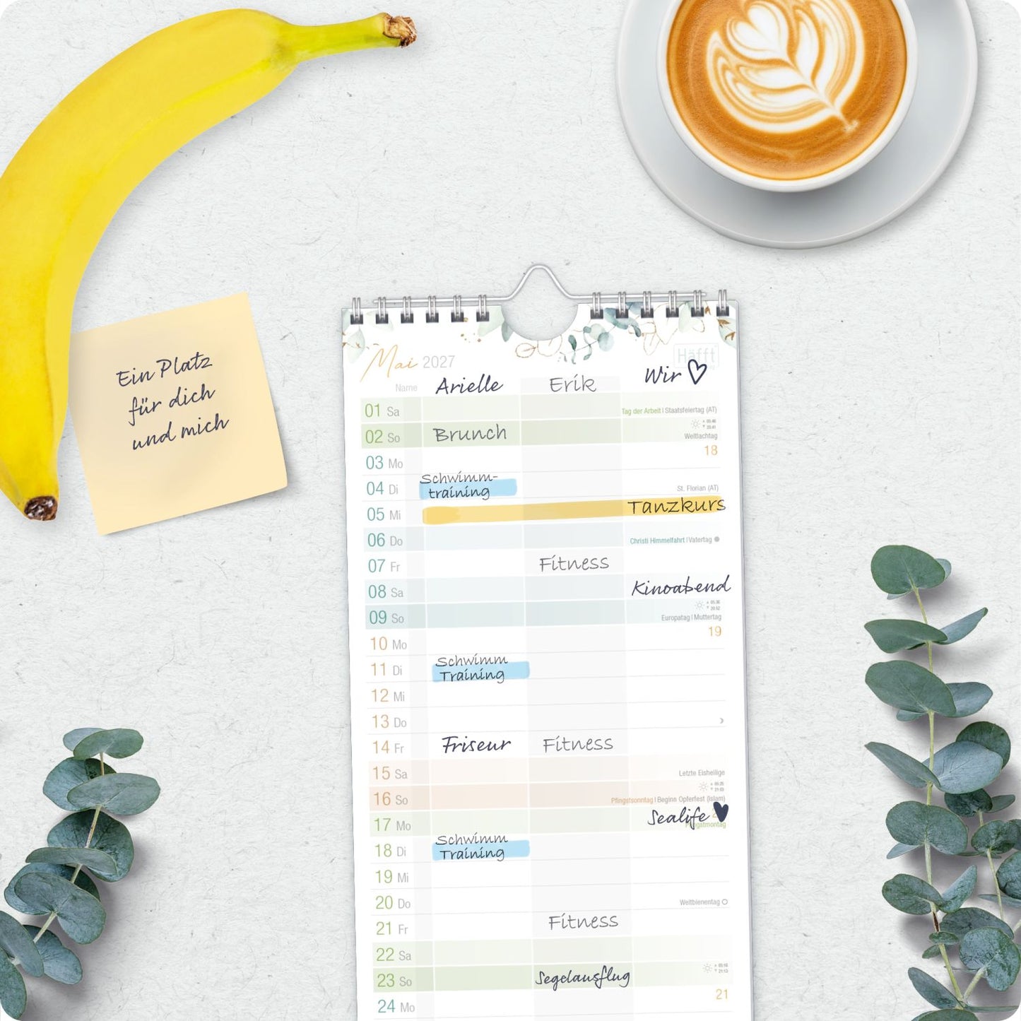 Planer für Zwei / Wand-Kalender 3-spaltig / 2026/2027 / 17 Monate / Blattgold /  Häfft-Verlag