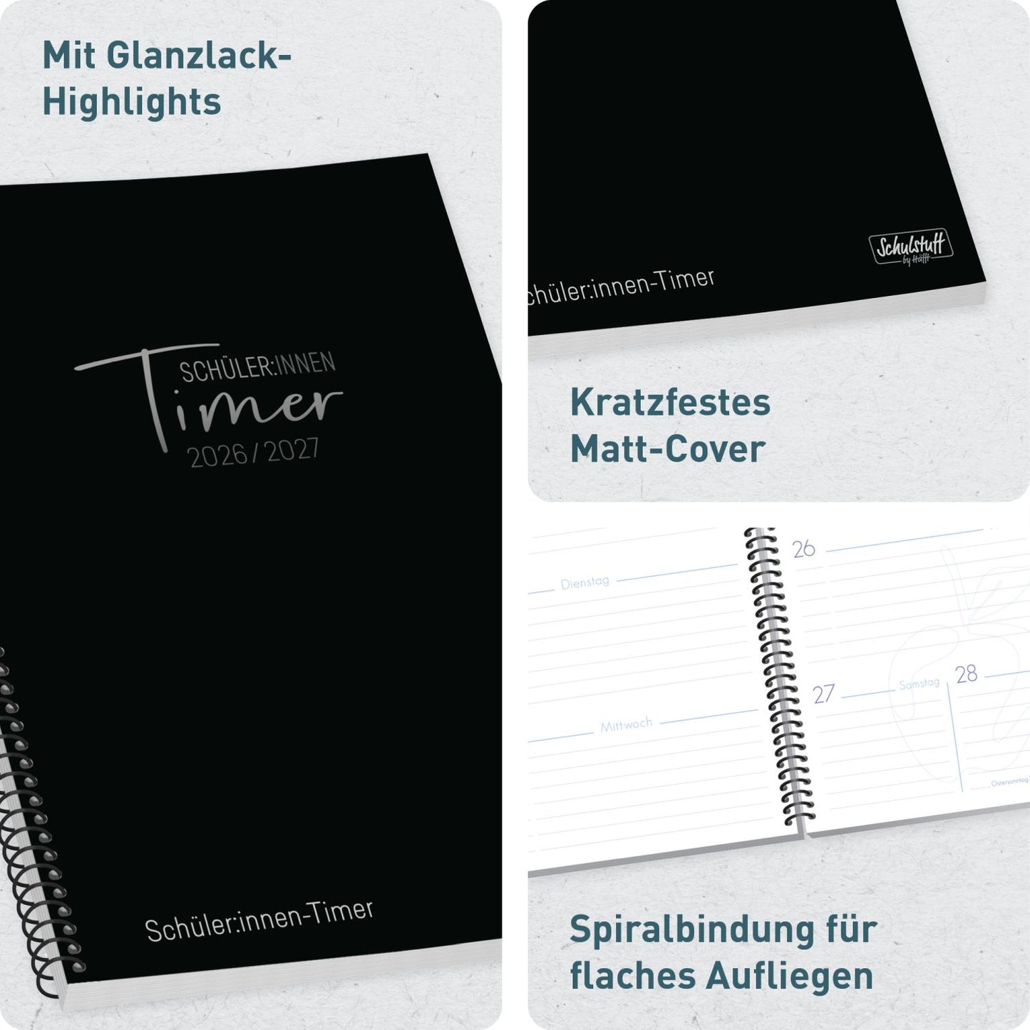 Schulstuff Schüler-Timer Spiralbindung 2026/2027 / A5 / Black Edition / Häfft-Verlag