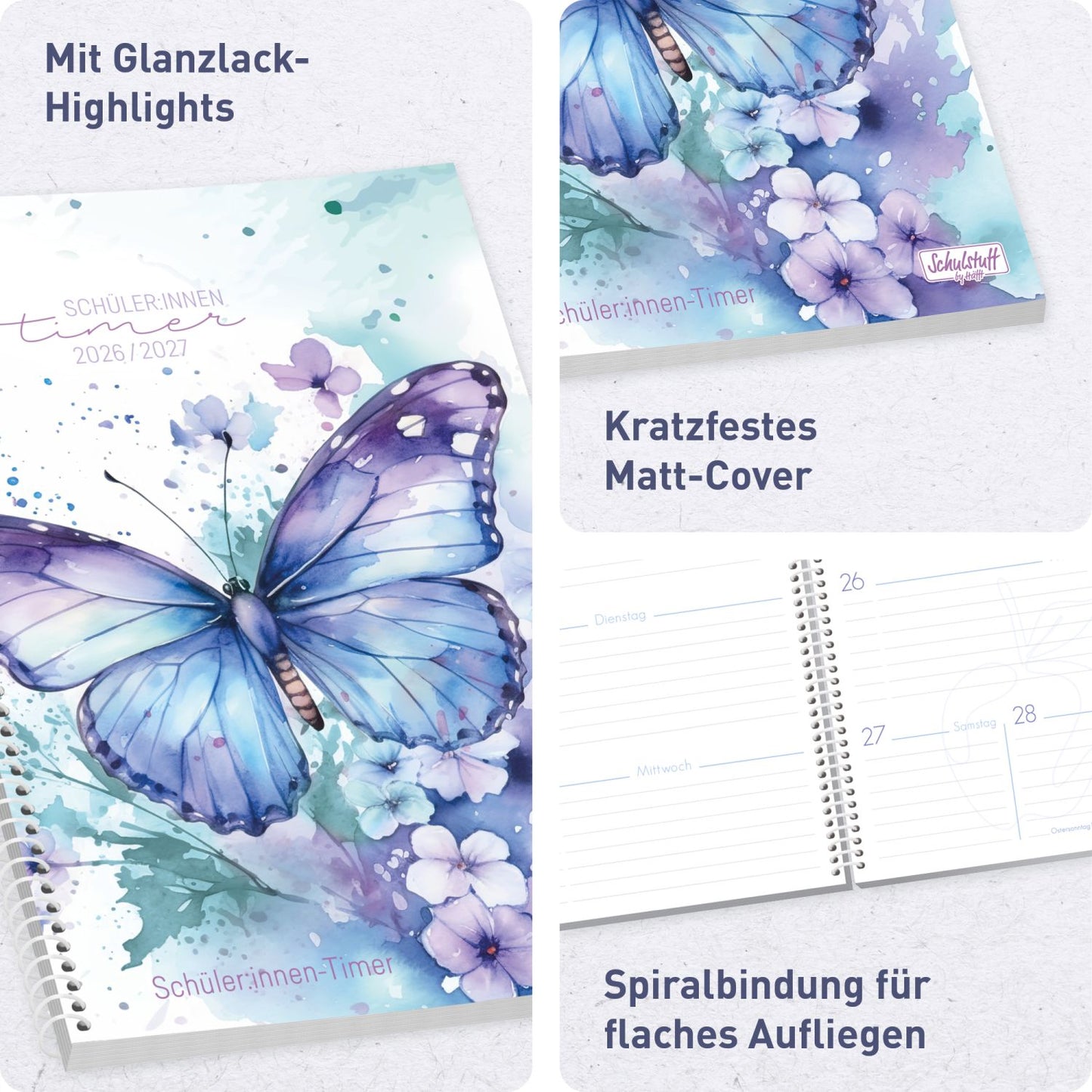 Schulstuff Schüler-Timer Spiralbindung 2026/2027 / A5 / Butterfly / Häfft-Verlag