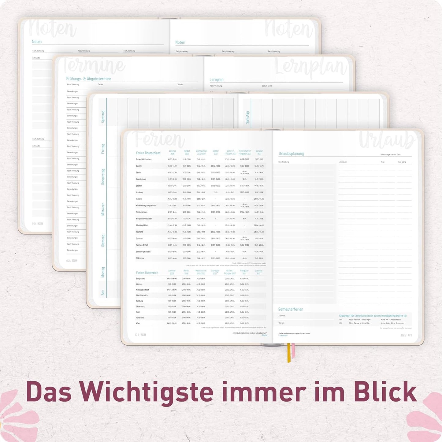 Häfft-Timer Jugendkalender 2026/2027 / A5 / Pink Flowers / Häfft-Verlag