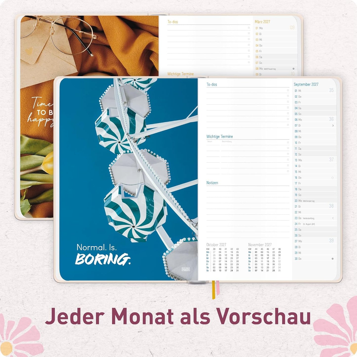 Häfft-Timer Jugendkalender 2026/2027 / A5 / Pink Flowers / Häfft-Verlag