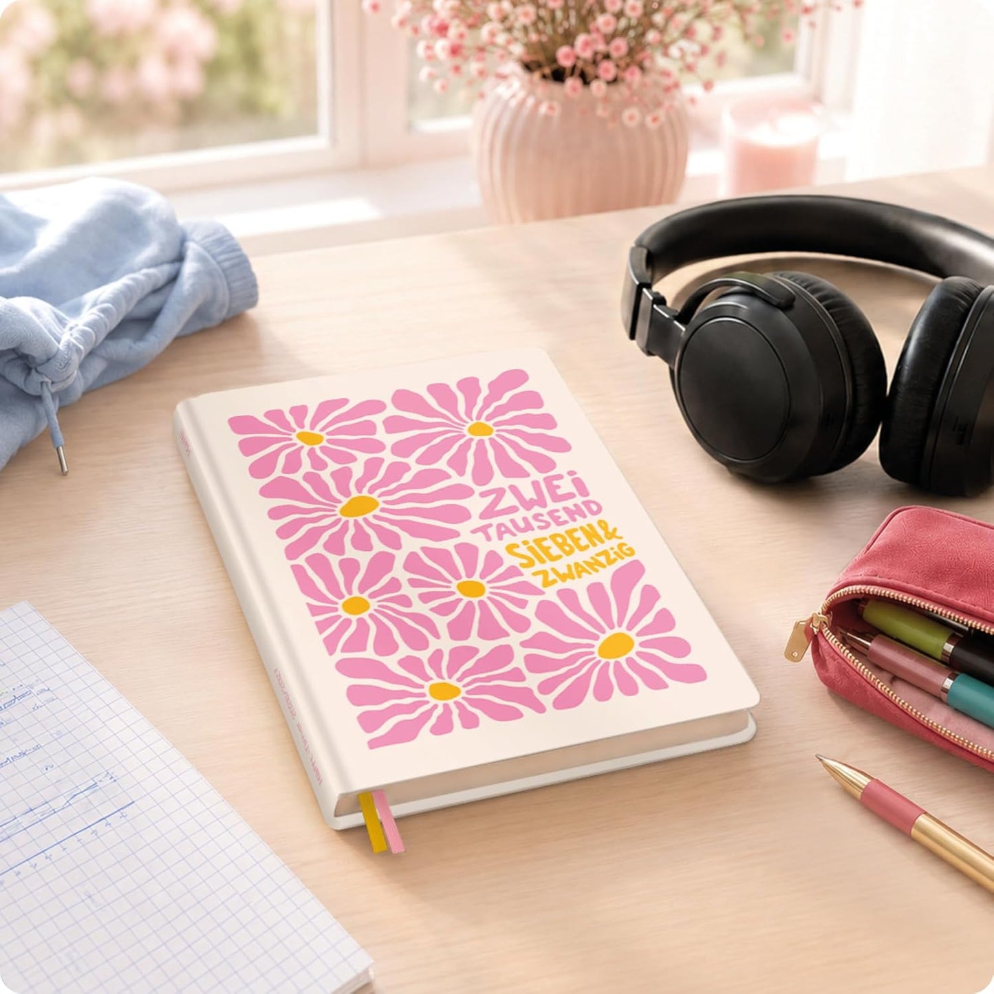 Häfft-Timer Jugendkalender 2026/2027 / A5 / Pink Flowers / Häfft-Verlag