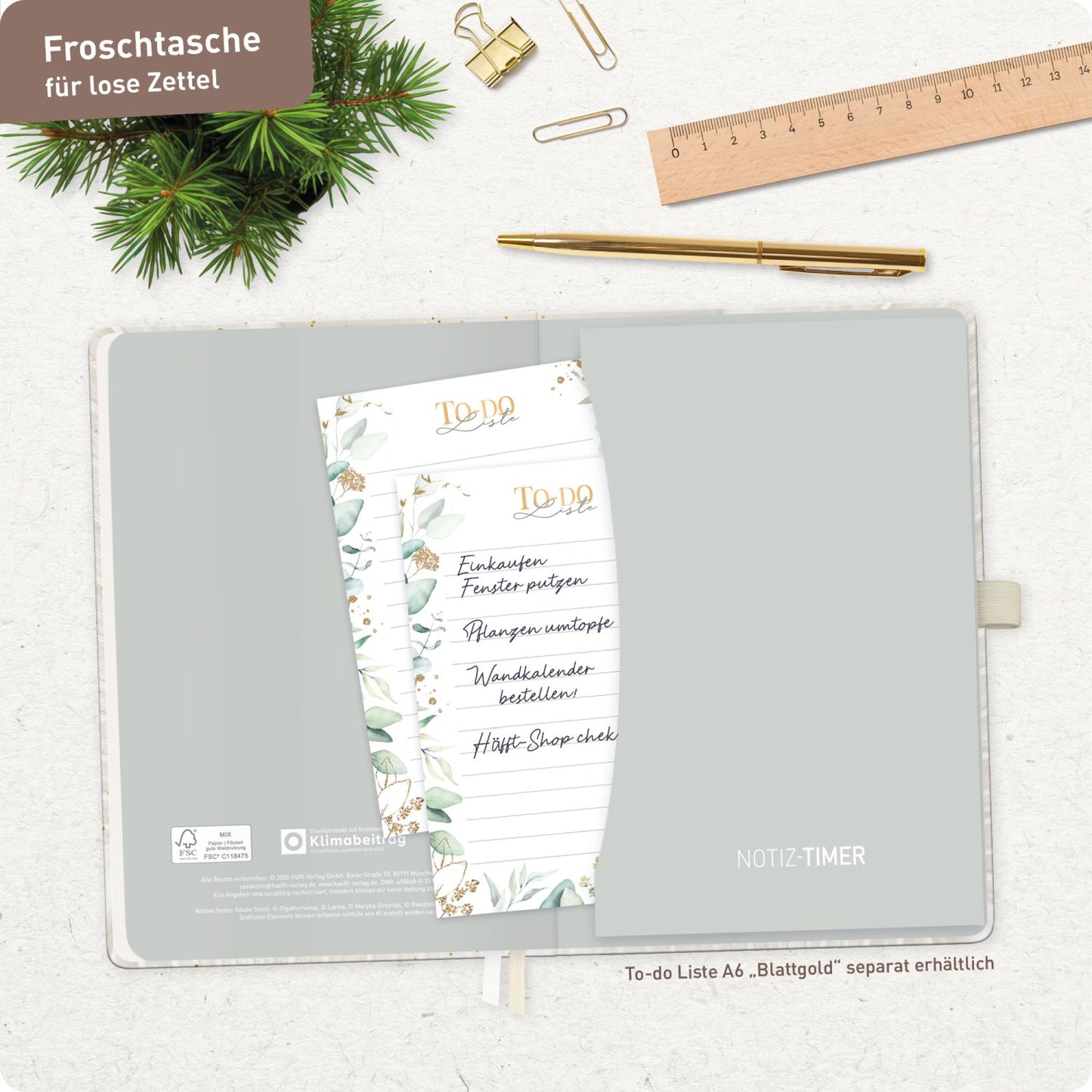 Wochen-Notiz-Timer Classic 2026/2027 / 17 Monate / A5 / Sparkling Leaf / Häfft-Verlag
