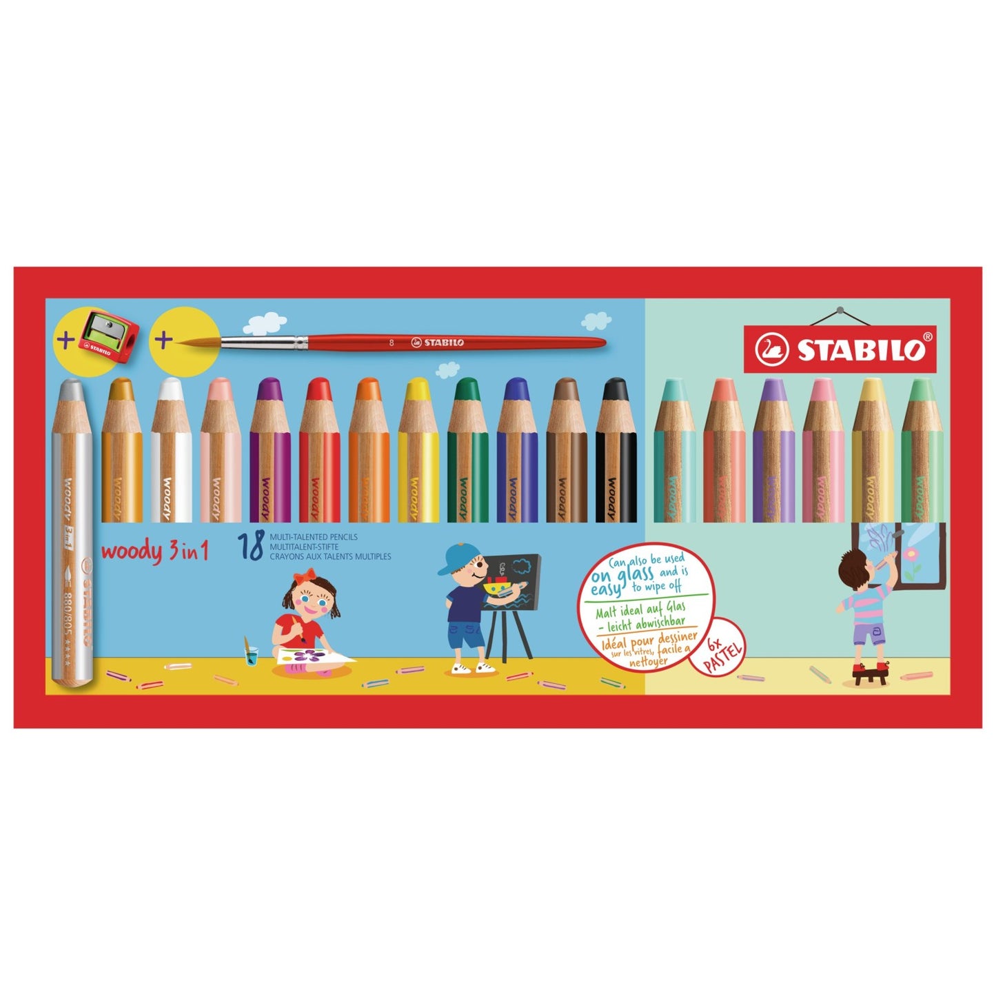 STABILO Buntstift Woody 3 in 1 / 18er Kartonetui mit Spitzer / 12 Standard- und 6 Pastellfarben