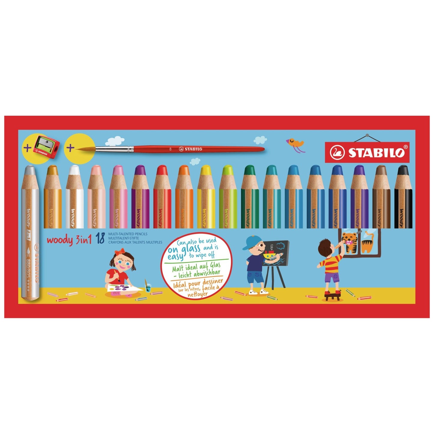 STABILO Buntstift Woody 3 in 1 / 18er Kartonetui mit Spitzer und Pinsel