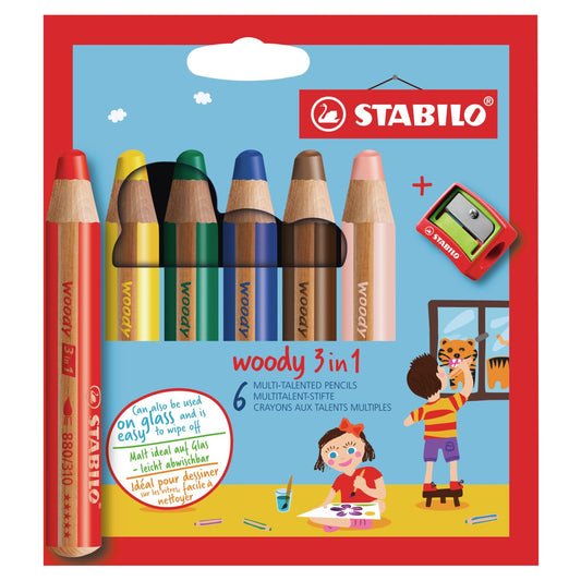 STABILO Buntstift Woody 3 in 1 / 6er Kartonetui mit Spitzer